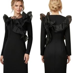 Boston Proper Black Long Sleeve Ruffle Neck Bodycon Dress Size 12